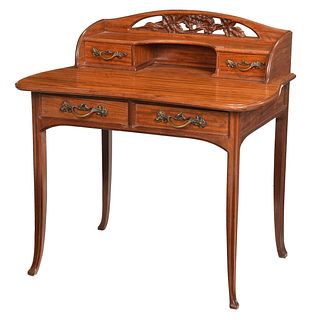 French Art Nouveau Carved Figured Mahogany Desk