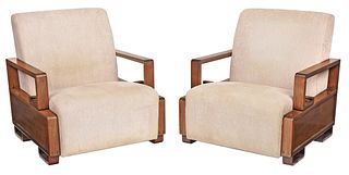 Pair Chinese Art Deco Hardwood Open Armchairs