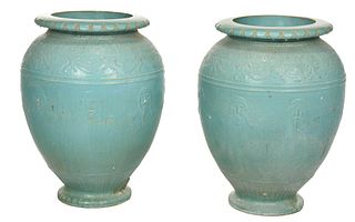 Pair Monumental Turquoise Glazed Ceramic Garden Urns