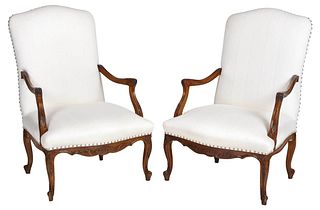 Pair Provincial Louis XV Style Carved Armchairs