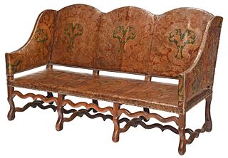 Louis XIV Walnut and Embossed Leather Settee