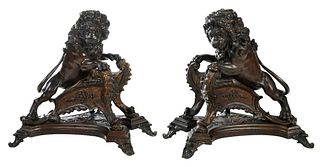 Pair of Patinated Bronze Lion Chenets