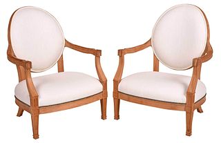Pair Neoclassical Style Teakwood Open Armchairs