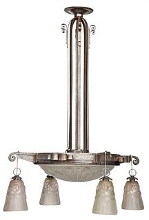 French Art Deco Steel and Frosted Glass Chandelier