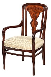 French Art Nouveau Marquetry Inlaid Open Armchair