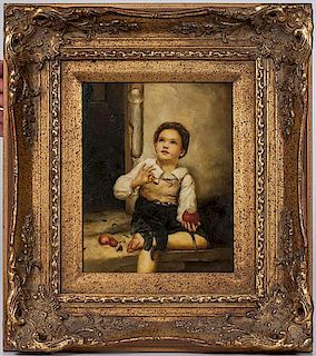 Oil Painting of Boy Blowing Bubbles 