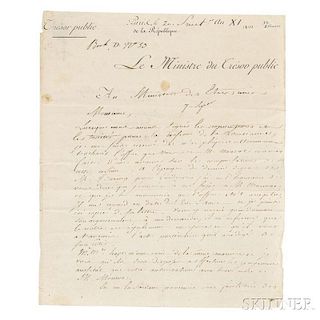 Barbé-Marbois, François (1745-1837) Letter Signed, 7 September 1803.