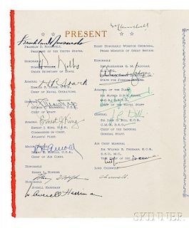Churchill, Winston (1874-1965), Franklin Delano Roosevelt (1882-1945), and Others. Signed Menu from the Atlantic Conference, 9 August 1