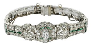 Art Deco Platinum Diamond And Emerald Bracelet 