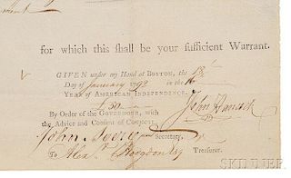 Hancock, John (1737-1792) Document Signed, Boston, 18 January 1792.