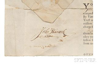 Hancock, John (1737-1793) Signed Document Fragment.