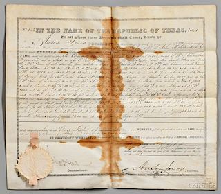 Jones, Anson (1798-1858) Document Signed, Texas Land Deed, 14 February 1845.