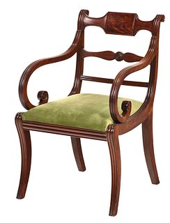 Classical Carved Figured Mahogany Open Armchair