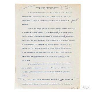 Kennedy, John Fitzgerald (1917-1963) Typed Boston College Commencement Address with Handwritten Notes; and Academic Hood, 13 June 1956.