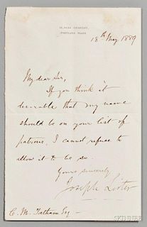Lister, Joseph, 1st Baron Lister (1827-1912) Letter Signed, 18 May 1889.