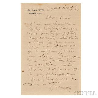 Renoir, Pierre-Auguste (1841-1919) Autograph Letter Signed, 9 November 1912.