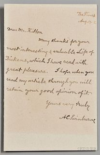 Swinburne, Algernon (1837-1909) Autograph Letter Signed, 19 August 1902.