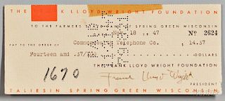 Wright, Frank Lloyd (1867-1959) Signed Check, 18 November 1947.