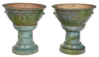 Pair Large Glazed Ceramic Planters on Stands