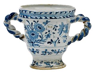 An English Delftware Blue and White Handled Vase