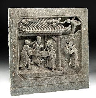 Chinese Ming Dynasty Granite Panel w/ Palace Scene