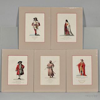 Costume Plates, Five Hand-colored Etchings.