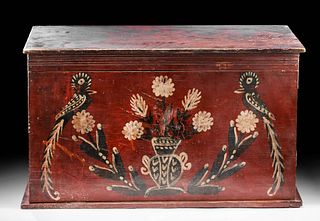 18th C. Mexican Painted Wood Chest w/ Birds & Flowers