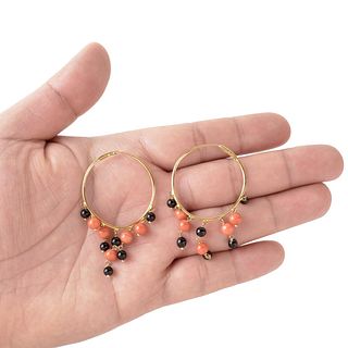 Coral, Onyx and 18K Earrings