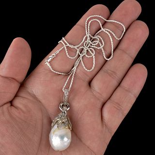 Pearl, Diamond and Sterling Pendant Necklace