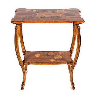 An Emile Galle Art Nouveau Marquetry Table Height 29 x width 24 1/2 x depth 15 inches.