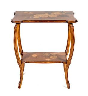 An Emile Galle Art Nouveau Marquetry Table Height 29 x width 24 x depth 14 inches.