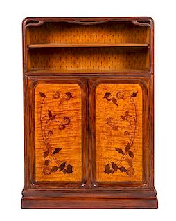A French Art Nouveau Marquetry Console Cabinet, Louis Majorelle Height 24 x width 36 3/4 x depth 12 inches.