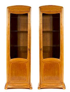 A Pair of French Art Nouveau Oak and Birch Display Cabinets, Louis Majorelle Height 84 x width 25 1/4 x depth 15 1/4 inches.