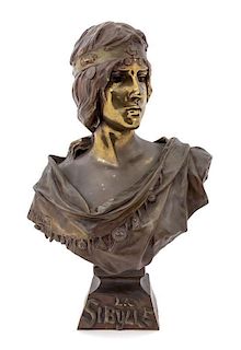 A French Patinated and Polished Bronze Bust, Emmanuel Villanis Height 21 inches.