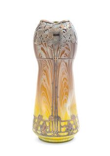 A Loetz Silver Overlay Glass Vase Height 10 1/4 inches.