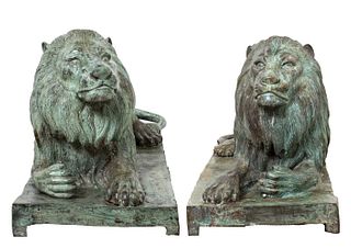 Large Patinated Bronze Statues Of Lions, Pair