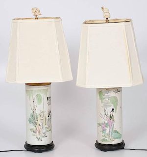 Pair of Chinese Porcelain Brush Pot Lamps 