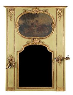 A Louis XV Style Painted and Parcel Gilt Trumeau Mirror Dimensions of trumeau 56 x 42 inches.