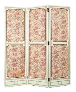A Painted Louis XVI Style Three-Panel Floor Screen Height of each panel 67 x width 19 3/4 inches.