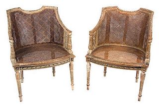 A Pair of Louis XVI Style Carved Giltwood Bergeres Height 32 1/2 inches.