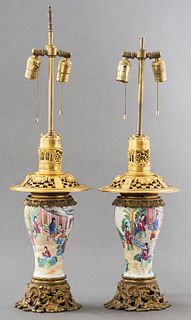 Chinese Ormolu-Mounted Famille Rose Lamps, Pair