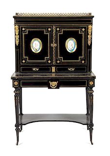 A Louis XVI Style Gilt Metal Mounted Boulle Inlaid Ebonized Cabinet on Stand Height 56 x width 35 x depth 29 inches.