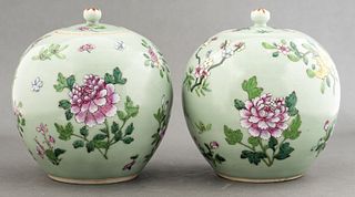 Chinese Celadon Lidded Jars, Pair