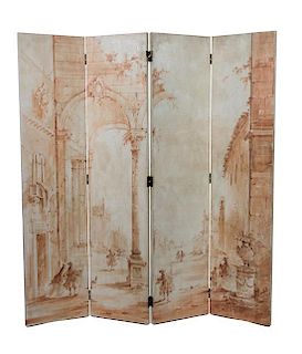 A Continental Painted Four Panel Floor Screen Height 78 1/2 x each panel 18 inches.
