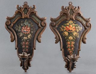 Rococo Revival Paint Decorated Sconces, Pair