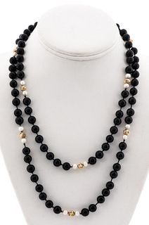 14K Yellow Gold Onyx & Pearl Beaded Necklace