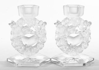 Lalique Crystal Mesanges Candlesticks, Pair