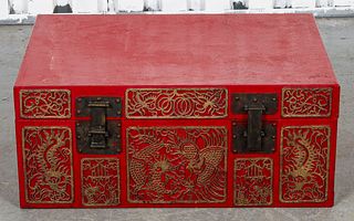 Chinese Red Storage Trunk With Gilt Medallions