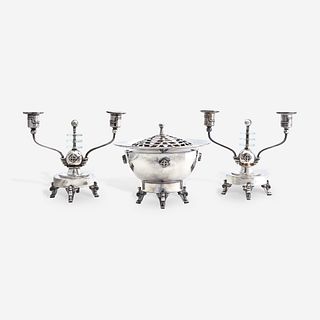 George Albert Feinauer (American, b. Germany, 1886-1955) "Special Line" Centerpiece Potpourri Bowl and Pair of Candelabra, Barbour Silver Company, Har
