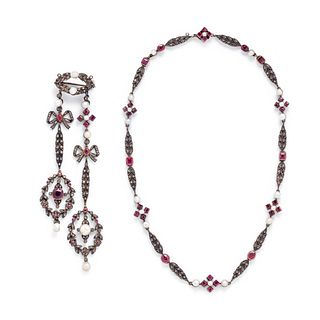 FRENCH, ANTIQUE, SILVER-TOPPED GOLD, RUBY, PEARL AND DIAMOND SET